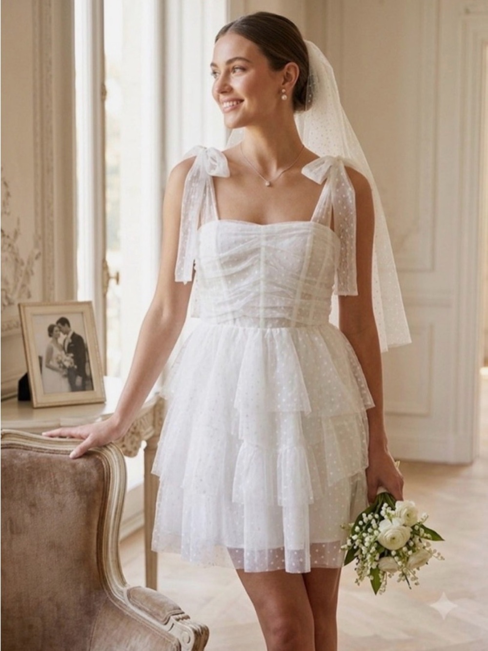 Semi & Cade White Tiered Dot Mesh Mini Dress with Tie Straps - Picture 2 of 6